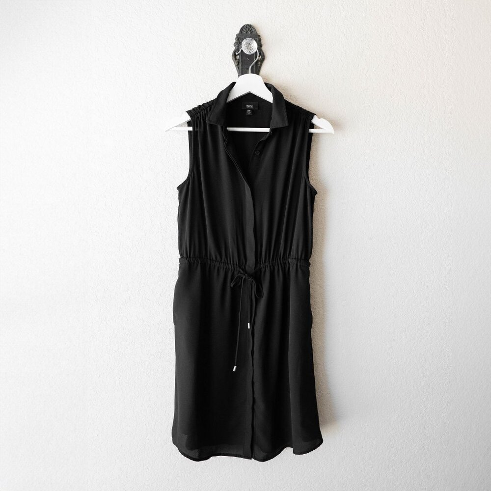 Mossimo Size XS Black Sleeveless Collared Shirt Dress Adjustable Waist Pockets